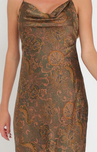Aakaa Brown Floral Sleeveless Slip Midi Dress