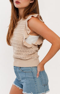 Le Lis Natural Ruffle Shoulder Sleeveless Knit Top