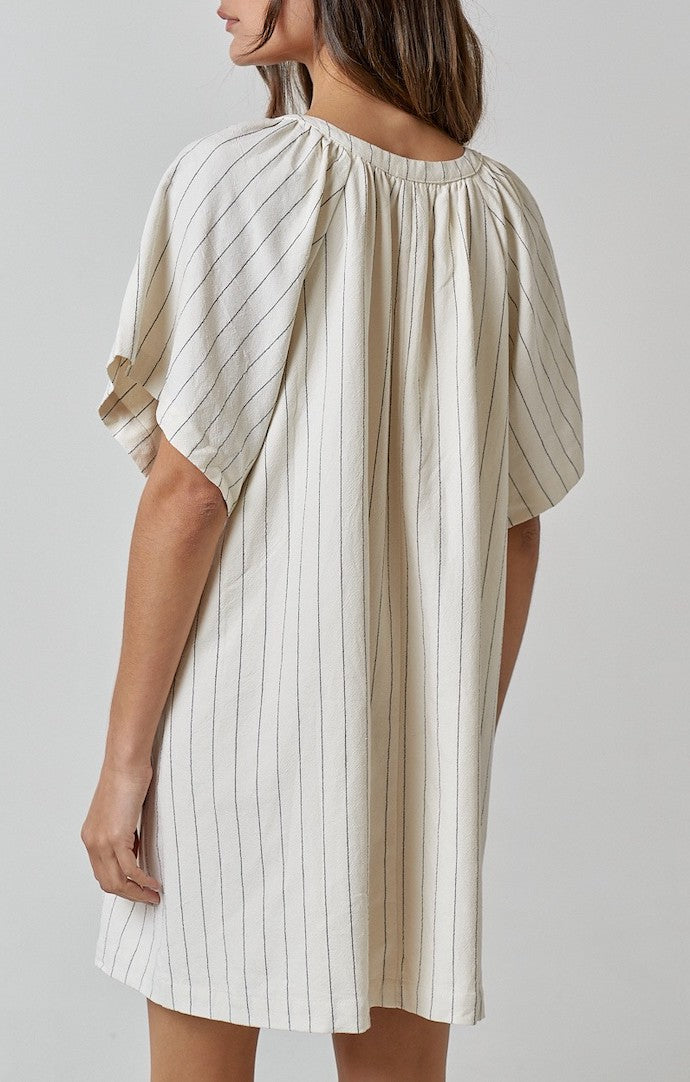 Lalavon Ivory And Black Stripe Flutter Sleeve Short Dress