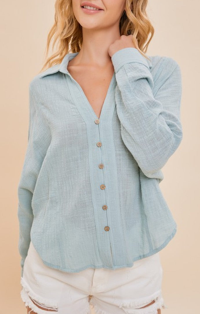 Mustard Seed Sage Gauze Long Sleeve Button Down Blouse