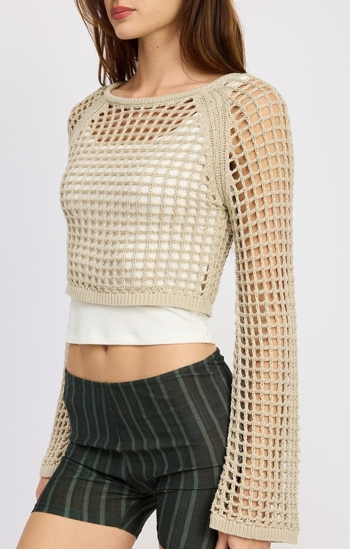 Emory Park Light Taupe Open Knit Crop Long Sleeve Top