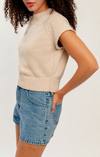 Le Lis Taupe Mock Neck Cap Sleeve Knit Top
