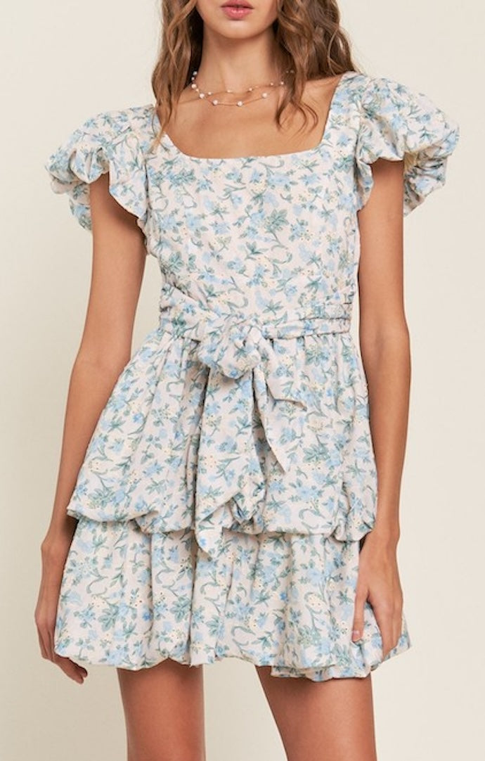 In the Beginning Blue Floral Tiered Short Dress