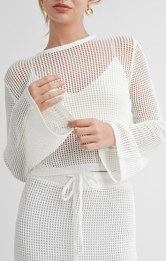 Miou Muse White Crochet Long Sleeve Crop Top