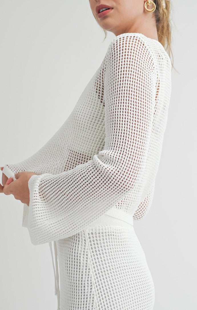 Miou Muse White Crochet Long Sleeve Crop Top