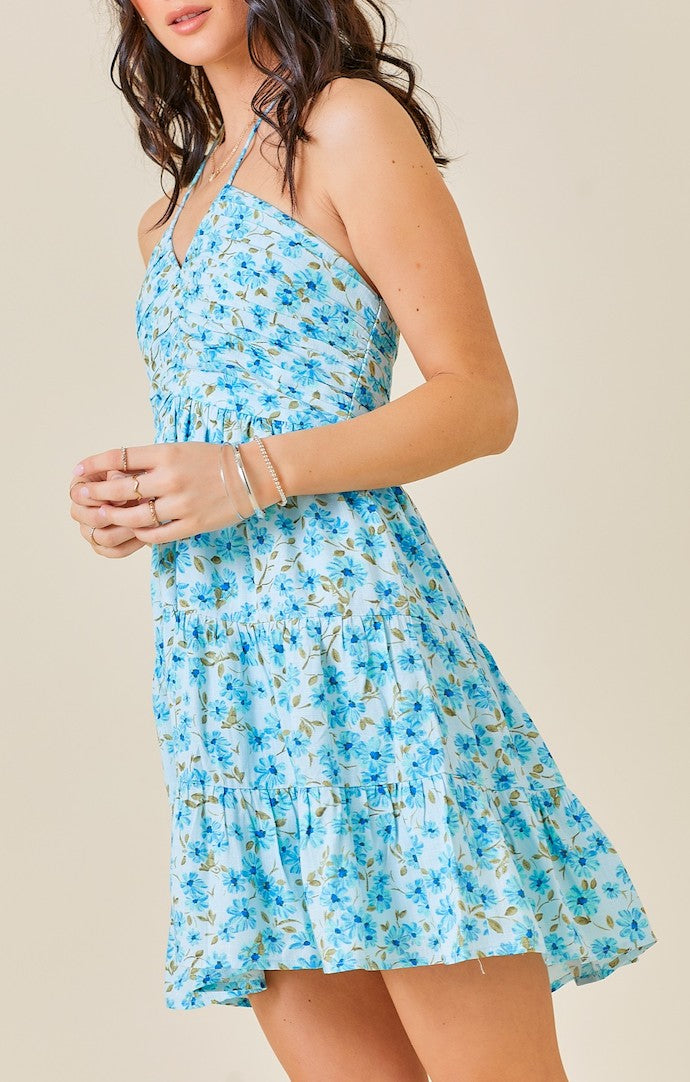 Day + Moon Blue Floral Ruched Halter Neck Sleeveless Mini Dress