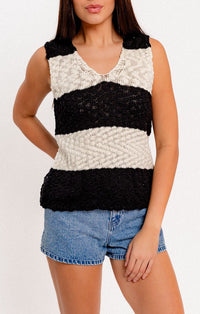 Le Lis Black And Natural Wide Stripe Sleeveless Knit Top