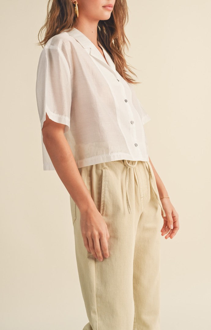 Miou Muse Off White Semi Sheer Button Front Short Sleeve Blouse