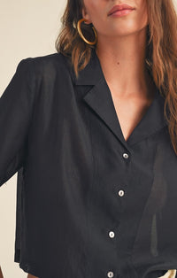 Miou Muse Black Semi Sheer Button Front Short Sleeve Blouse
