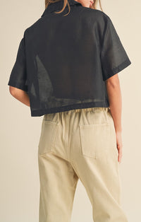 Miou Muse Black Semi Sheer Button Front Short Sleeve Blouse