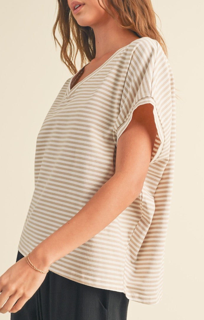 Miou Muse Beige Striped Knit Short Sleeve Top