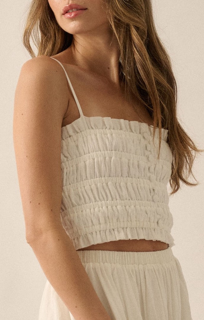 Promesa Off White Sleeveless Smocked Button Front Crop Top