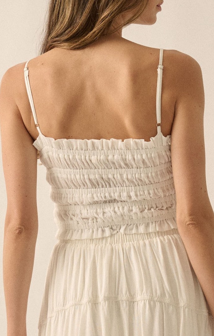 Promesa Off White Sleeveless Smocked Button Front Crop Top