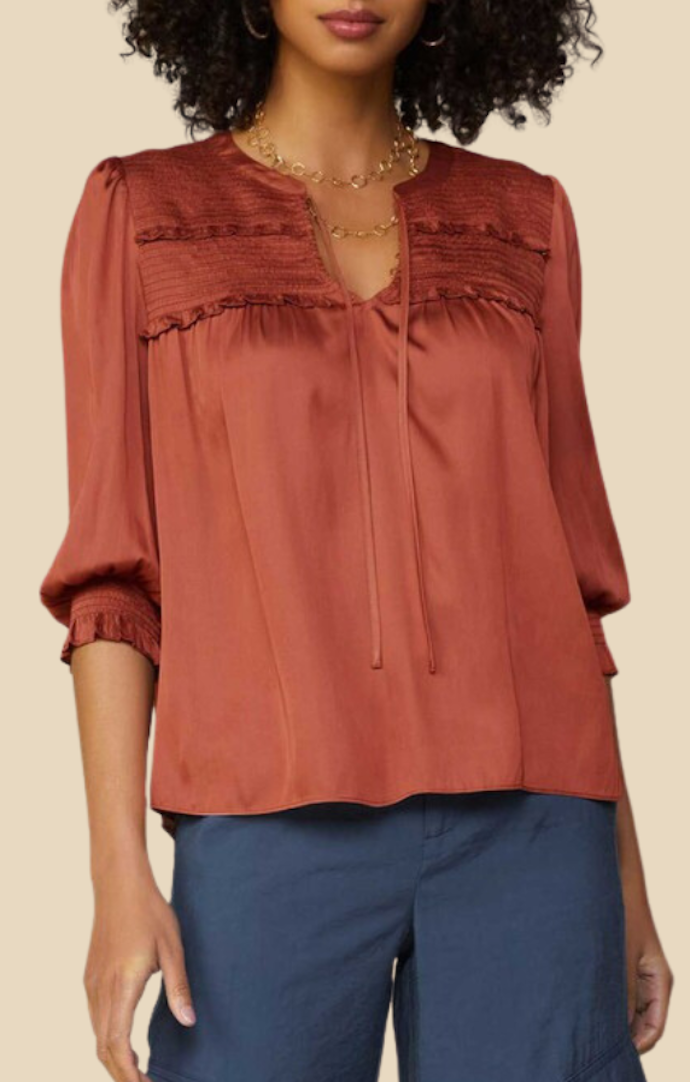 Current Air Rosewood Smocked Ruffle Top