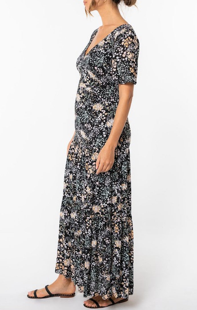 Lovestitch Black Floral Print Short Flutter Sleeve Maxi Dress