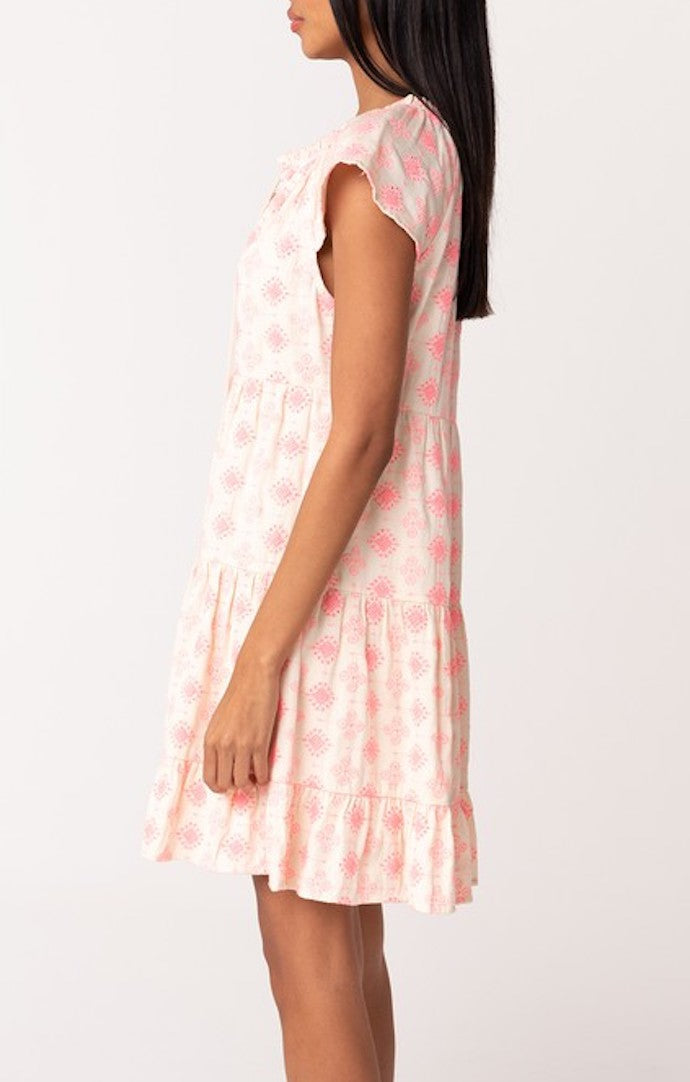 Lovestitch Natural And Pink Flutter Sleeve Tiered Mini Dress