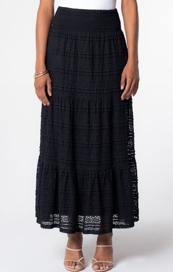 Lovestitch Black Smocked Tiered Lace Maxi Skirt