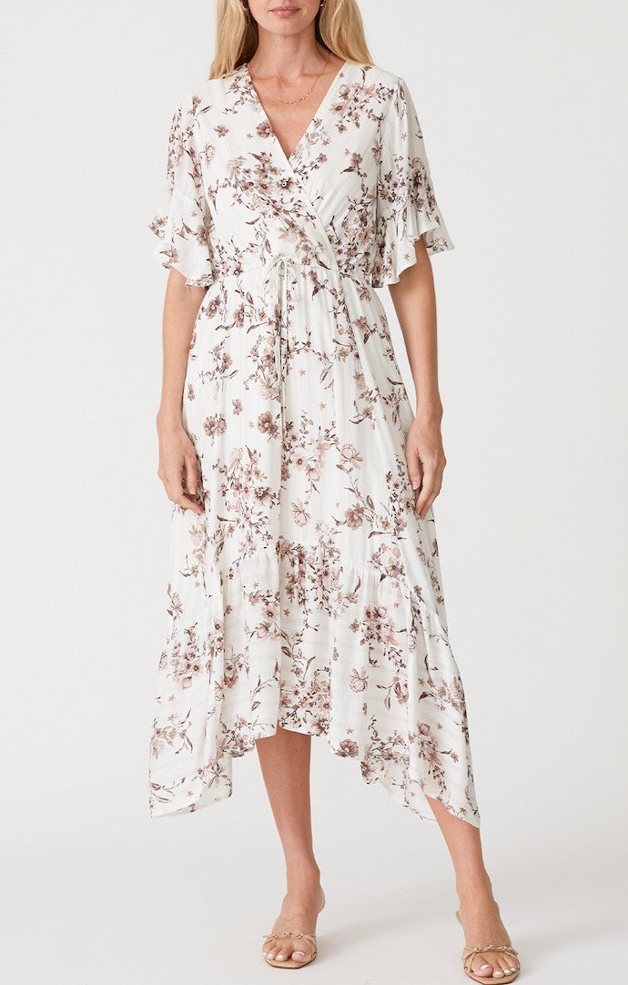 Lovestitch Ivory/Taupe Floral Metallic Pinstripe Maxi Dress