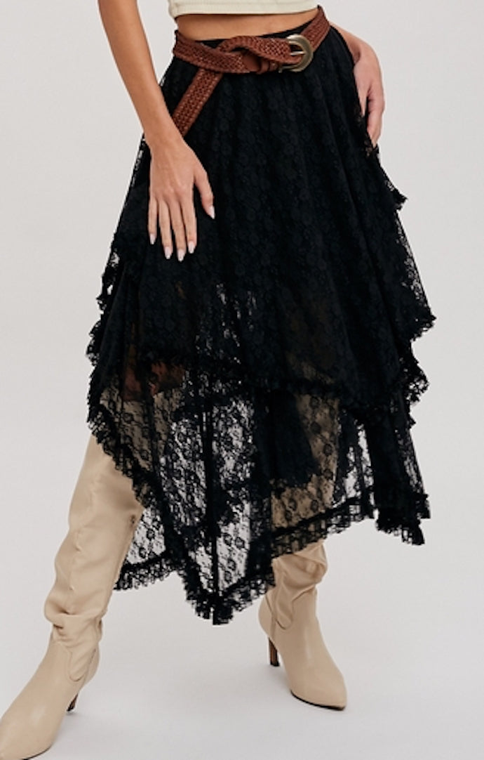 BluIvy Black Lace Tiered Midi Skirt