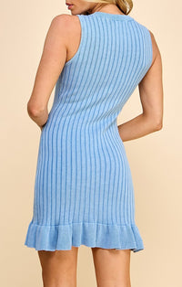 Akaiv Blue Ribbed Knit Sleeveless Sweater Dress