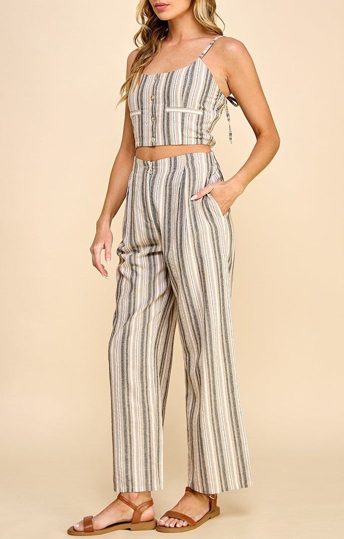 Akaiv Taupe Striped Sleeveless Top and Wide Leg Pant Set