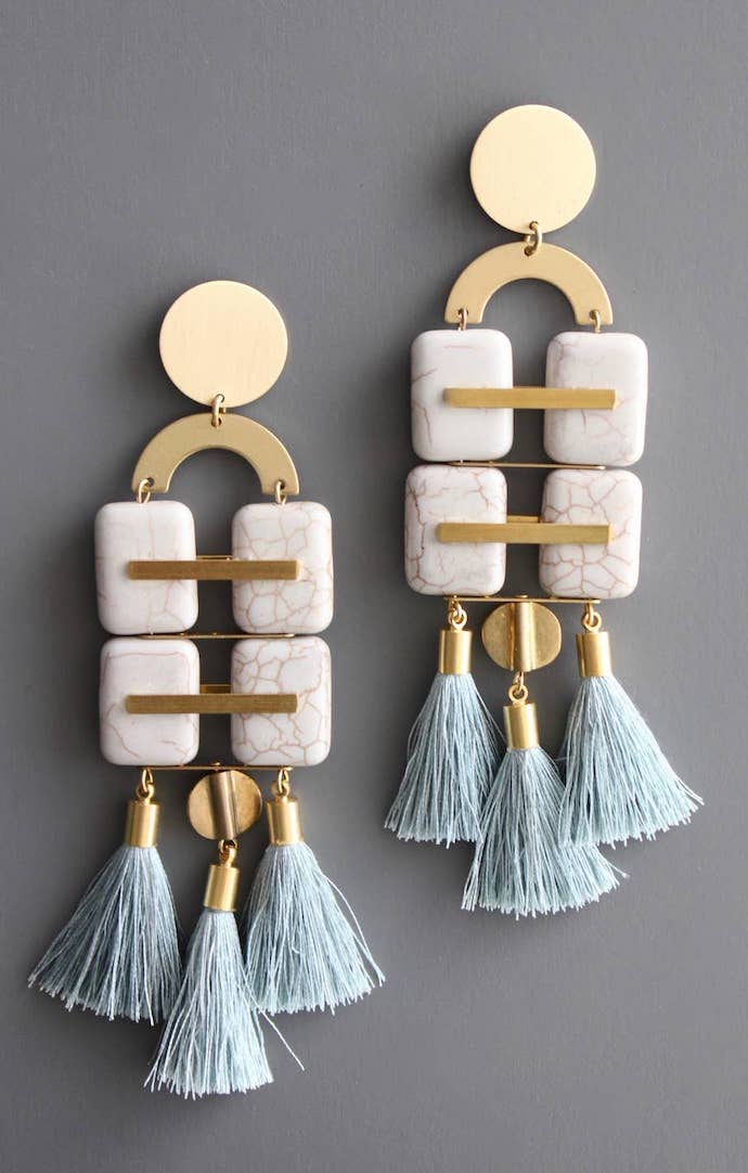 David Aubrey Gray Stone Tassel Long Earrings