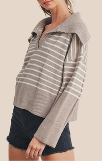 Buttermelon Taupe/Ivory Striped V-Neck Sweater