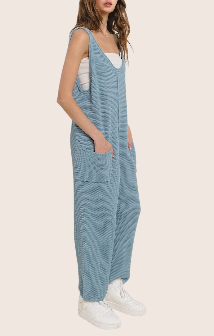Ces Femme Blue Knit Sleeveless Oversized Jumpsuit