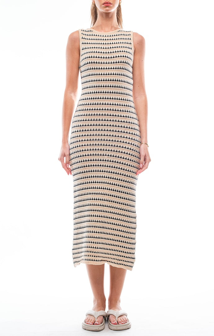 Creamon Beige/Black/White Striped Crochet Midi Dress