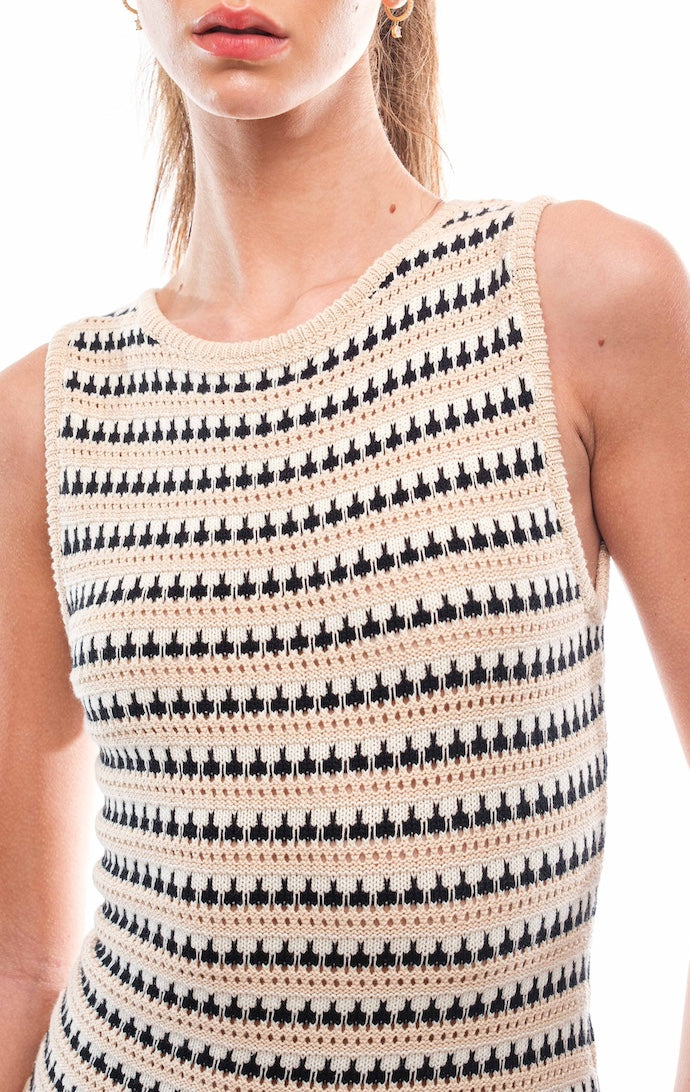 Creamon Beige/Black/White Striped Crochet Midi Dress