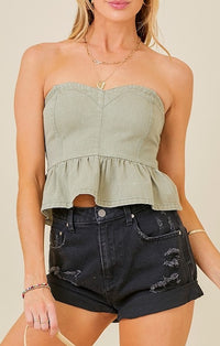 Day + Moon Washed Olive Denim Ruffle Denim Cropped Top