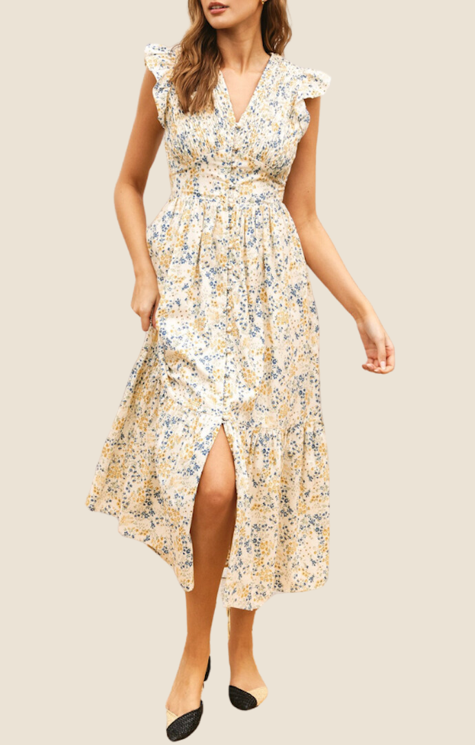 Dress Forum Daisy Blue Floral Ruffle Sleeve Midi Dress