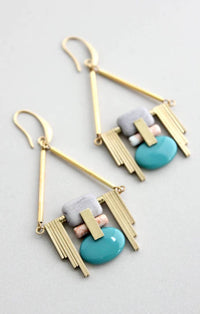 David Aubrey Art Deco Teal And Gray Earrings
