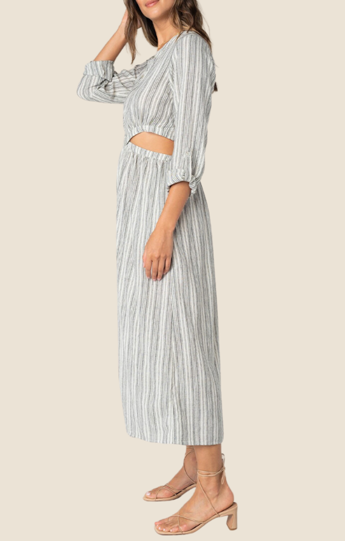 Lovestitch Striped Black And White Linen Cut Out Roll Sleeves Midi Dress