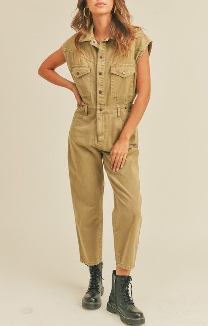 Miou Muse Olive Button Down Utility Jumper