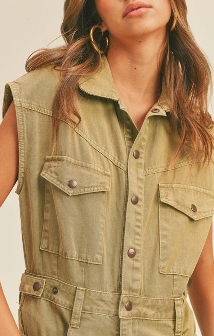 Miou Muse Olive Button Down Utility Jumper