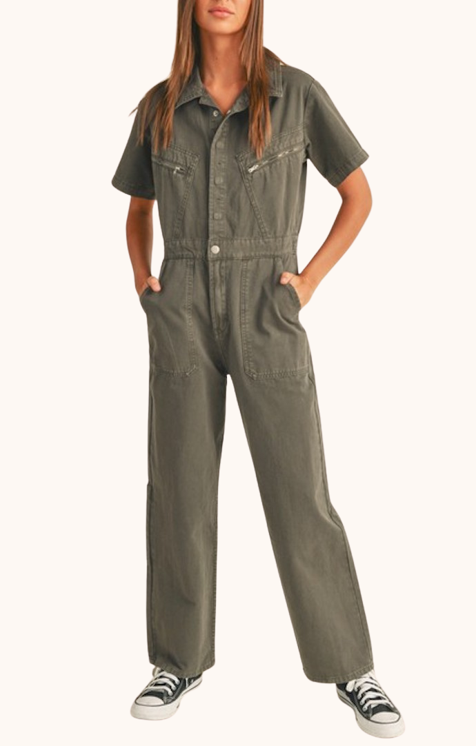 Miou Muse Charcoal Short Sleeve Utility Jumpsuit