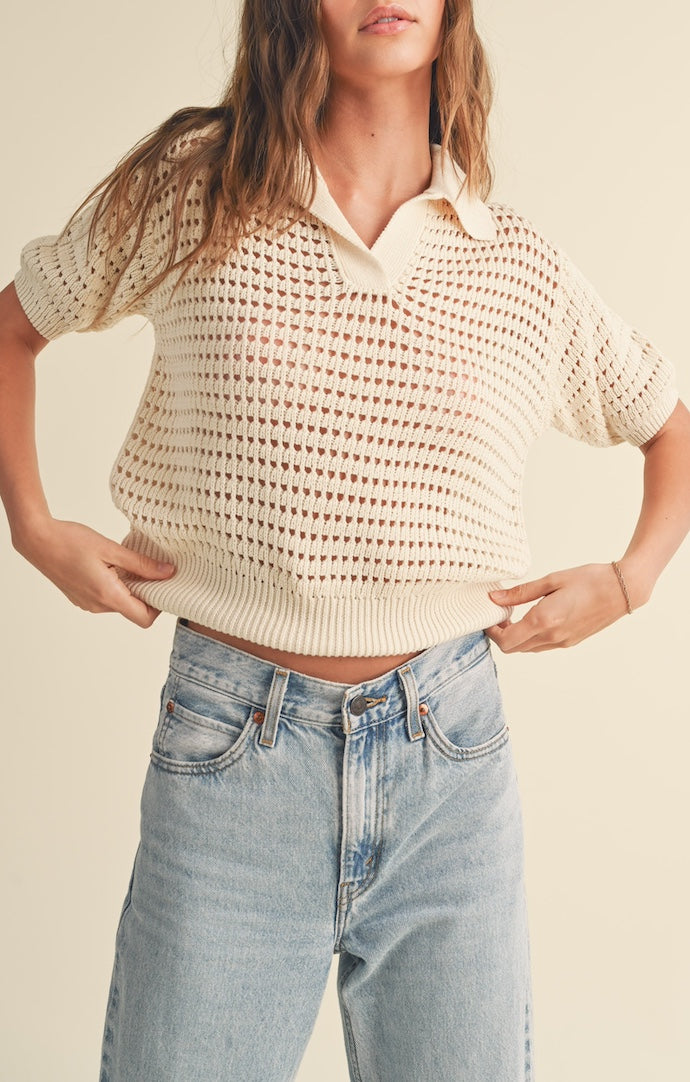 Miou Muse Cream Short Sleeve Collared Crochet Knit Top