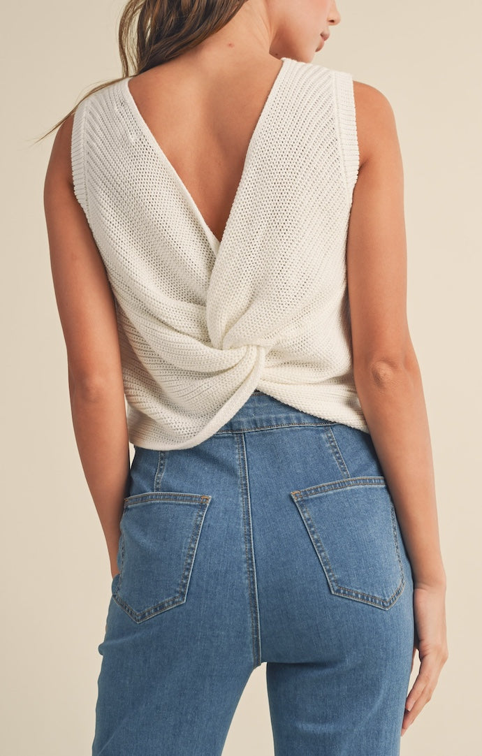 Miou Muse Off White Reversible Knit Twist Back Sleeveless Top