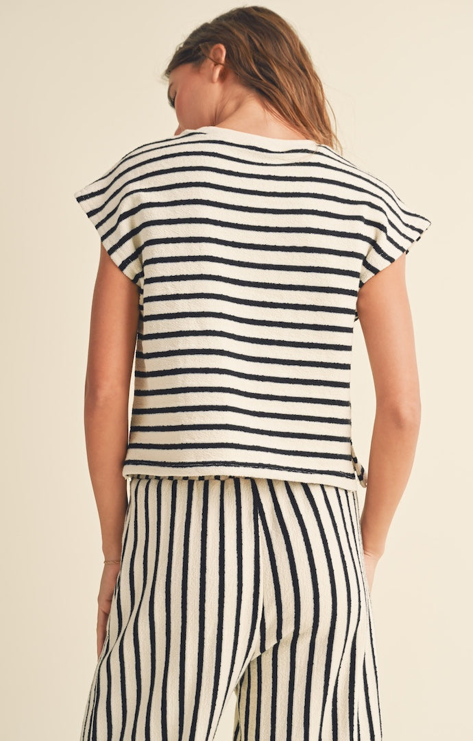 Miou Muse White/Black Striped Textured Knit Short Sleeve Boxy Top
