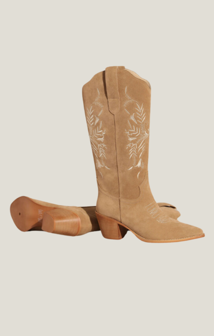 Miracle Miles Taupe "Flora" Tall Embroidered Boots