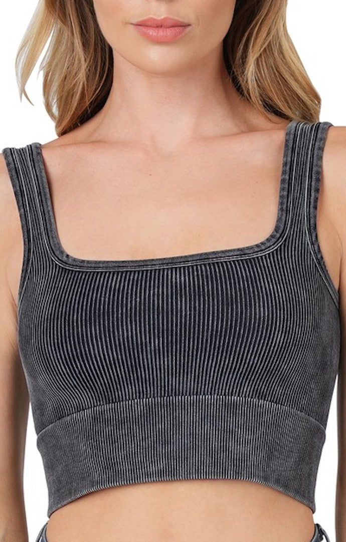 Zenana Ash Black Ribbed Square Neck Crop Top
