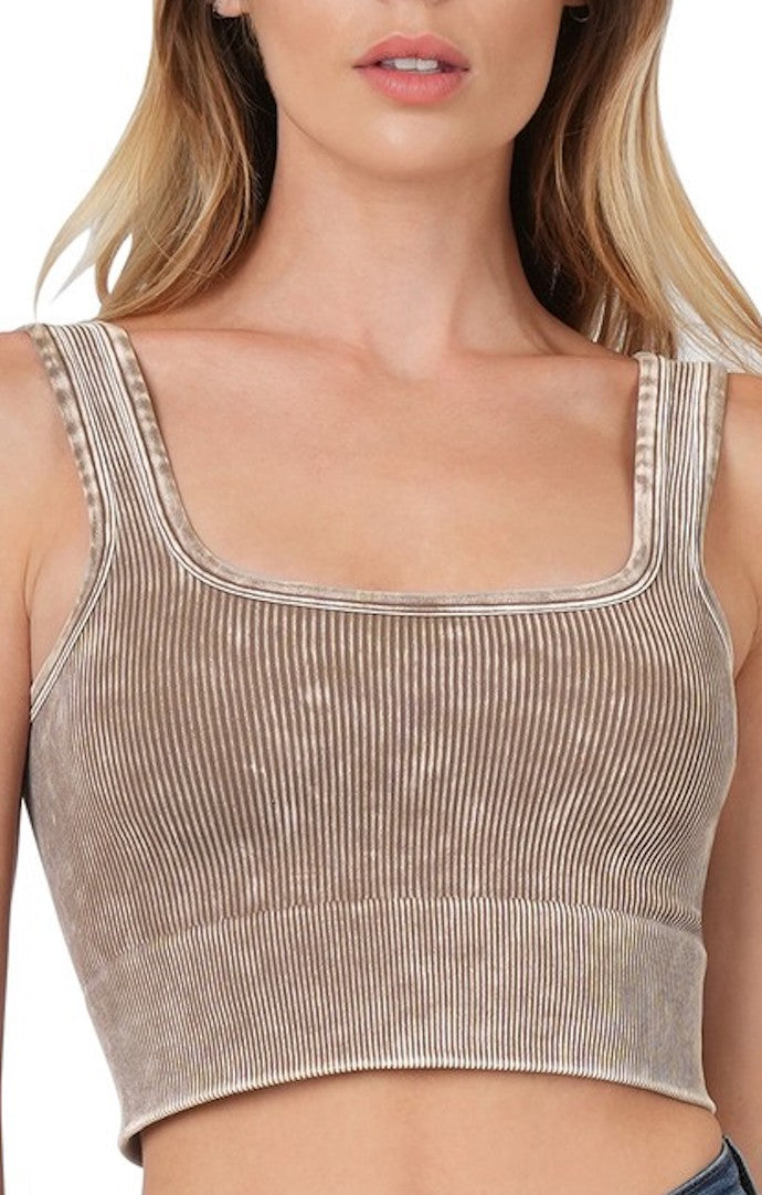 Zenana Mocha Ribbed Square Neck Crop Top