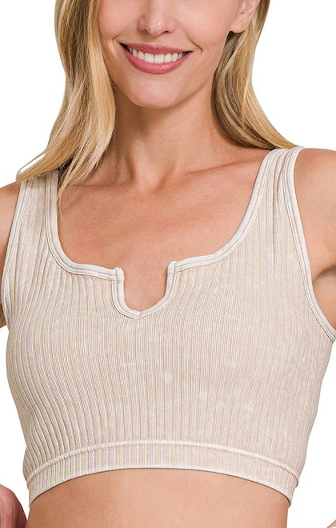 Zenana Sand Beige Ribbed Crop Top