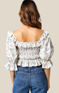 Olivaceous Taupe Blue Floral Long Sleeve Crop Top