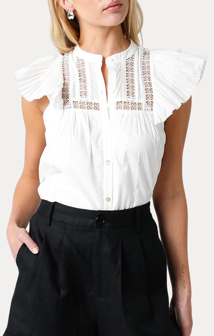 Olivaceous White Lace Inset Flutter Sleeve Blouse