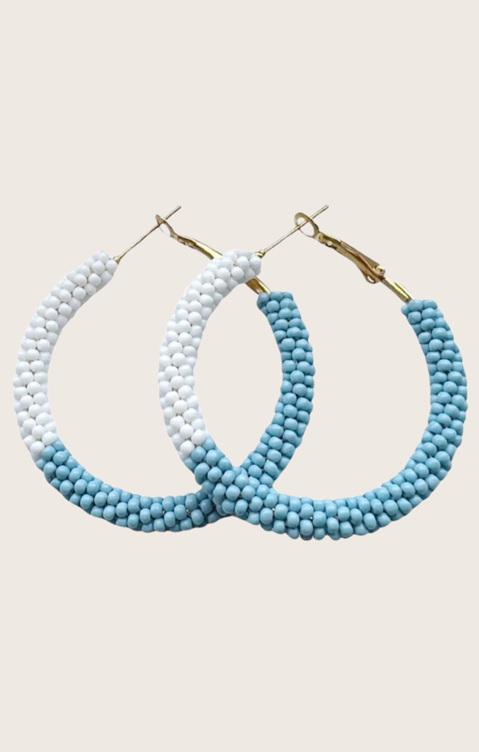 Pierce + Hide Carolina Blue Color Block Beaded Hoop Earrings