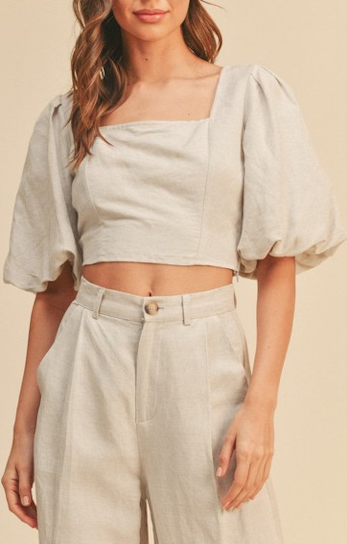 Marilyn Oatmeal Puff Sleeve Crop Top