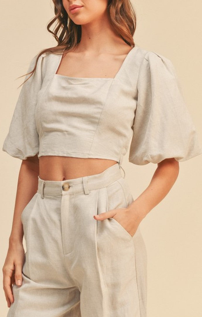 Marilyn Oatmeal Puff Sleeve Crop Top