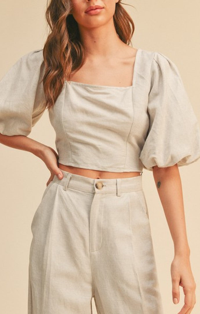 Marilyn Oatmeal Puff Sleeve Crop Top